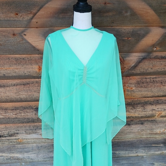 Vintage 70s Seafoam Green Chiffon Poncho  Polyester Maxi Dress Womens Sz 18 - Picture 2 of 9